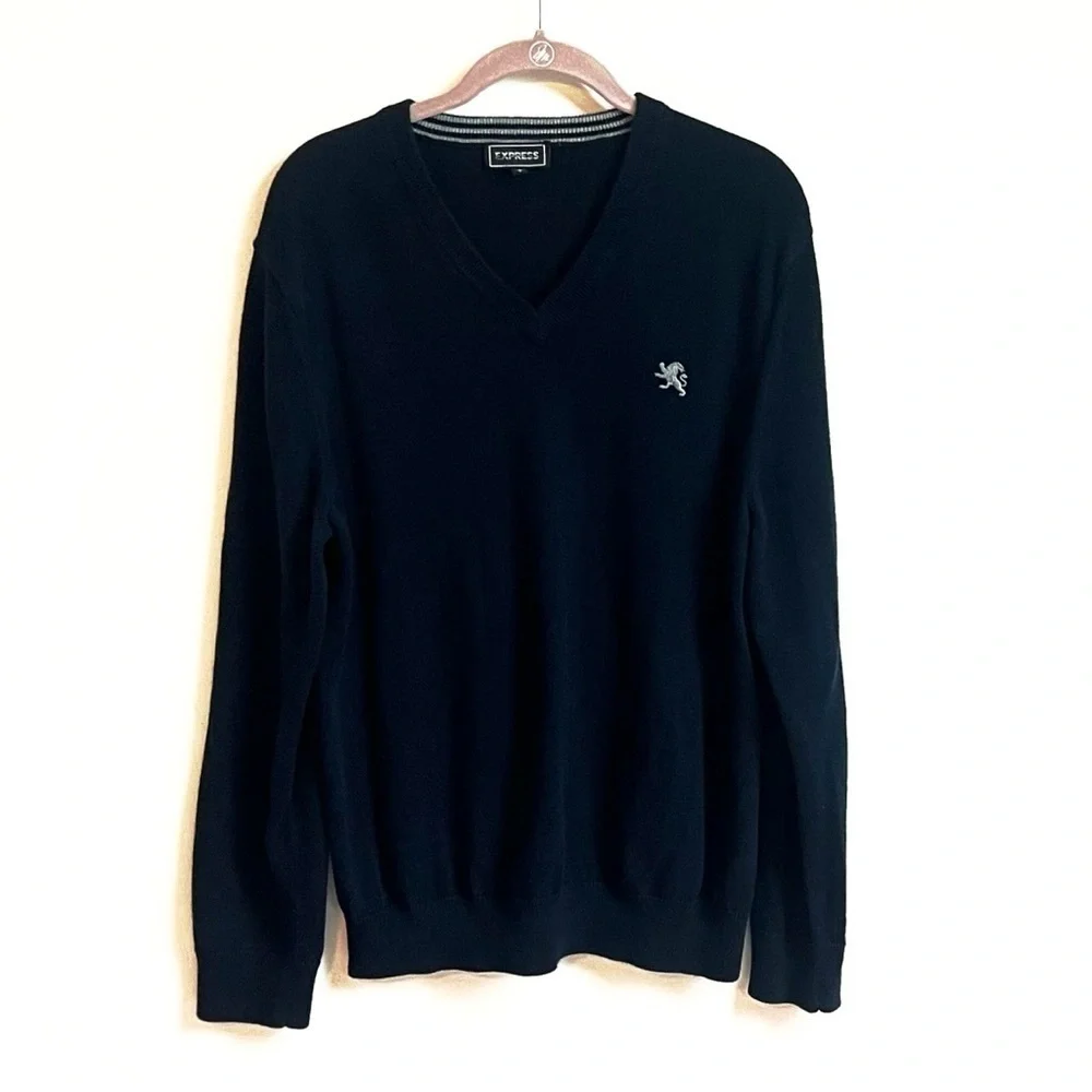 Express Men’s Solid Navy Blue Sweater Cotton Knit Pullover Large Long Sleeves